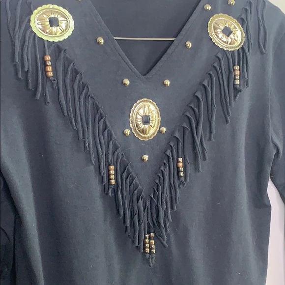 Vintage Fringe Black Southwest V-Neck Top Medium - Picture 4 of 8